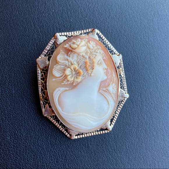 *HP* Antique Victorian 14k white gold filigree cameo hand carved brooch pendant - Picture 2 of 15